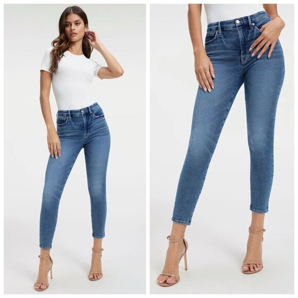 Good American Denim - GOOD AMERICAN Good Waist Cropped Jeans Sz 12/31 Blue High Rise Stretch Denim